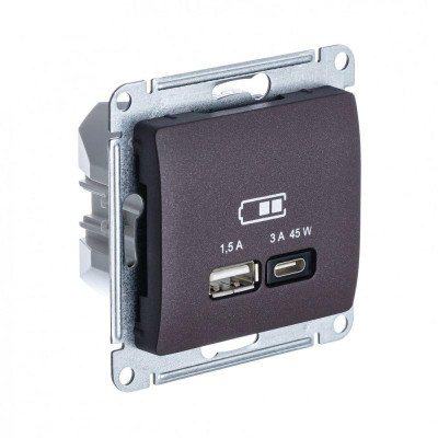 Розетка USB Glossa тип A+C 45Вт QC PD высокоскор. ЗУ механизм шоколад SE GSL000829