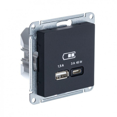 Розетка USB AtlasDesign тип A+C 45Вт QC PD высокоскор. ЗУ механизм карбон SE ATN001029