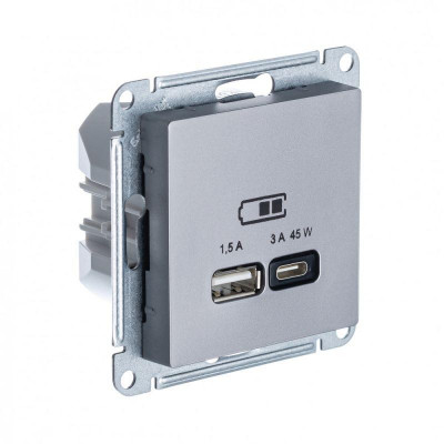 Розетка USB AtlasDesign тип A+C 45Вт QC PD высокоскор. ЗУ механизм сталь SE ATN000929
