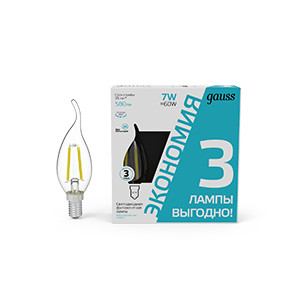 Лампа светодиодная филаментная Black Filament 7Вт свеча на ветру 4100К нейтр. бел. E14 580лм промо (уп.3шт) GAUSS 104901207T