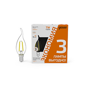 Лампа светодиодная филаментная Black Filament 7Вт свеча на ветру 2700К тепл. бел. E14 550лм промо (уп.3шт) GAUSS 104901107T
