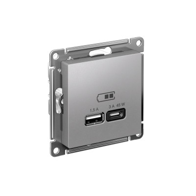 Розетка USB AtlasDesign тип A+C 45Вт QC PD высокоскор. ЗУ механизм алюм. SE ATN000329