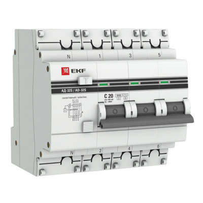 Выключатель автоматический дифференциального тока 3P+N 20А 100мА АД-32 (селективный) PROxima EKF DA32-6-20-100S-4P-pro