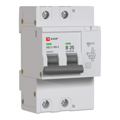 Выключатель автоматический дифференциального тока B 25А 30мА тип AC 6кА АД-2 (электрон.) PROxima EKF DA2-6-25B-30-pro