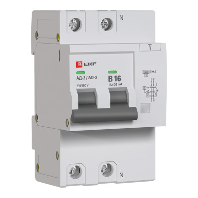 Выключатель автоматический дифференциального тока B 16А 30мА тип AC 6кА АД-2 (электрон.) PROxima EKF DA2-6-16B-30-pro