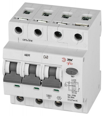 Выключатель автоматический дифференциального тока 3P+N C40 30мА тип АC защита 230В АВДТ 4.5кА PRO D32E4C40АC30P АД32 электронное Эра Б0057798