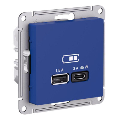 Розетка USB AtlasDesign тип A+C 45Вт высокоскор. ЗУ QC PD механизм аквамарин SE ATN001129