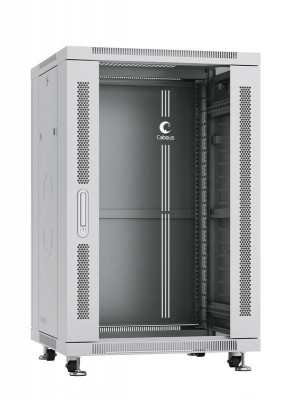 Шкаф монтажный телекоммуникационный 19дюйм напольный для распред. и серверного оборудования 18U 600х800х988мм (ШхГхВ) передняя стеклянная и задняя сплошная метал. двери ручка с замком (RAL 7035) сер. Cabeus SH-05C-18U60/80
