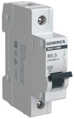 Выключатель автоматический модульный 1п B 0.5А 4.5кА ВА47-29М GENERICA MVA21-1-D05-B-G