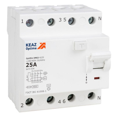 Выключатель дифференциального тока (УЗО) 4п 25А 30мА тип A 4.5кА OptiDin DM63-4225 УХЛ4 КЭАЗ 343915