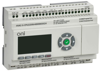 Контроллер программируемый логический HVAC S ЦПУ 8DI 8DO 1AI 4PT 2AO LED дисплей RS485 24В DC ONI HVAC-S-CPU22DRA48NNN00024