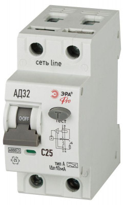 Выключатель автоматический дифференциального тока 2п (1P+N) B 25А 10мА тип A 6кА АД-32 электрон. PRO D326E2B25A10 Эра Б0059197