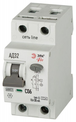 Выключатель автоматический дифференциального тока 2п (1P+N) C 06А 30мА тип А 6кА АД-32 электромехан. PRO D326M2C06А30 Эра Б0059072
