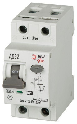 Выключатель автоматический дифференциального тока 2п (1P+N) C 50А 100мА тип АC 6кА АД-32 электрон. защита 230В PRO D326E2C50АC100P Эра Б0059121