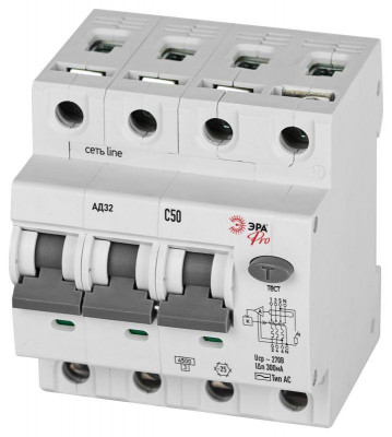 Выключатель автоматический дифференциального тока 4п (3P+N) C 50А 300мА тип АC 4.5кА АД-32 электрон. защита 230В PRO D32E4C50АC300P Эра Б0057802