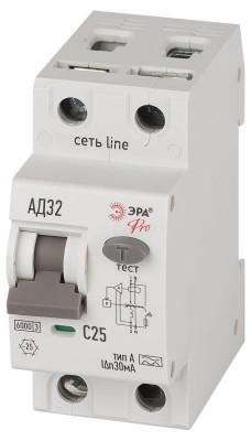 Выключатель автоматический дифференциального тока 2п (1P+N) C 25А 30мА тип A 6кА АД-32 электрон. PRO D326E2C25A30 Эра Б0059198