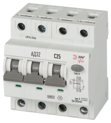Выключатель автоматический дифференциального тока 4п (3P+N) C 25А 300мА тип A 6кА АД-32 электрон. PRO D326E4C25A300 Эра Б0059213