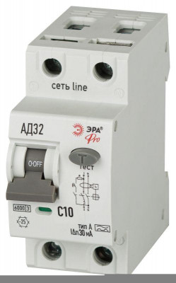 Выключатель автоматический дифференциального тока 2п (1P+N) C 10А 30мА тип А 6кА АД-32 электромехан. PRO D326M2C10А30 Эра Б0059073