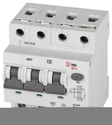 Выключатель автоматический дифференциального тока 4п (3P+N) C 25А 10мА тип А 4.5кА АД-32 электрон. PRO D32E4C25А10 Эра Б0057825