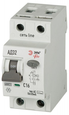 Выключатель автоматический дифференциального тока 2п (1P+N) C 16А 30мА тип АC 6кА АД-32 электромехан. PRO D326M2C16АC30 Эра Б0059125