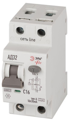 Выключатель автоматический дифференциального тока 2п (1P+N) C 16А 30мА тип A 6кА АД-32 электрон. PRO D326E2C16A30 Эра Б0059195