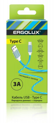 Кабель USB-Type C ELX-CDC02-C06 3А 1.2м LED зарядка+передача данных коробка син. Ergolux 15305