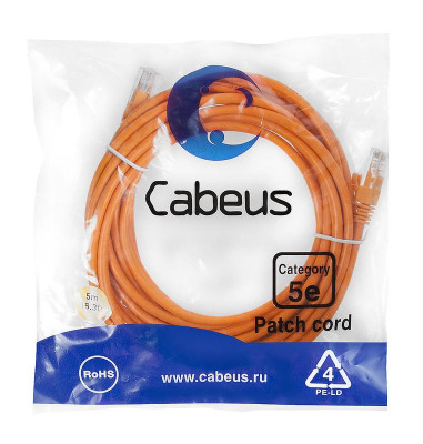 Патч-корд U/UTP кат.5E 2xRJ45/8p8c неэкранир. PVC 5м оранж. Cabeus 7690c