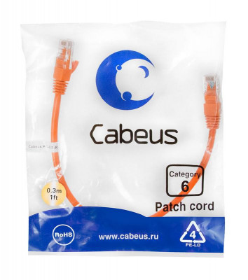 Патч-корд U/UTP кат.6 2xRJ45/8p8c неэкранир. PVC 0.3м оранж. Cabeus 8696c