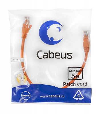 Патч-корд U/UTP кат.5E 2xRJ45/8p8c неэкранир. PVC 0.3м оранж. Cabeus 7661c