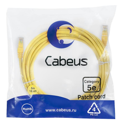 Патч-корд U/UTP кат.5E 2xRJ45/8p8c неэкранир. PVC 5м желт. Cabeus 7688c