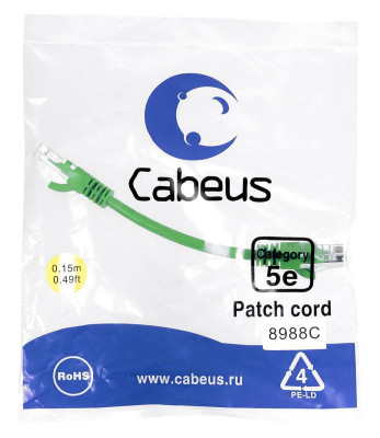 Патч-корд кат.5E U/UTP неэкранир. 2хRJ45/8p8c LSZH PC-UTP-RJ45-Cat.5e-0.15m-GN-LSZH 0.15м зел. Cabeus 9502c