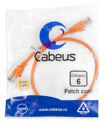 Патч-корд U/UTP кат.6 2xRJ45/8p8c неэкранир. PVC 0.5м оранж. Cabeus 8697c