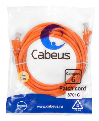 Патч-корд U/UTP кат.6 2xRJ45/8p8c неэкранир. PVC 3м оранж. Cabeus 8701c