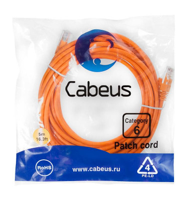 Патч-корд U/UTP кат.6 2xRJ45/8p8c неэкранир. PVC 5м оранж. Cabeus 8702c
