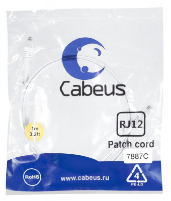 Патч-корд телефонный 2х6р4с PVC 1м бел. Cabeus 7887c