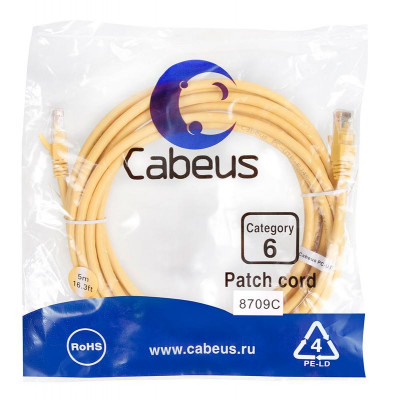 Патч-корд U/UTP кат.6 2xRJ45/8p8c неэкранир. PVC 5м желт. Cabeus 8709c
