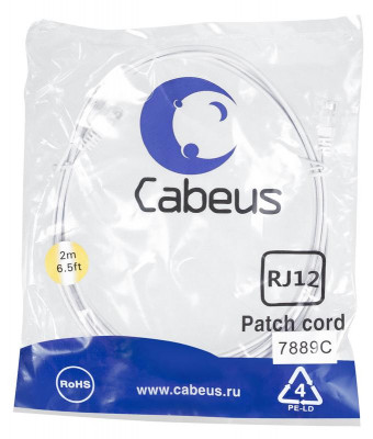 Патч-корд телефонный 2х6р4с PVC 2м бел. Cabeus 7889c