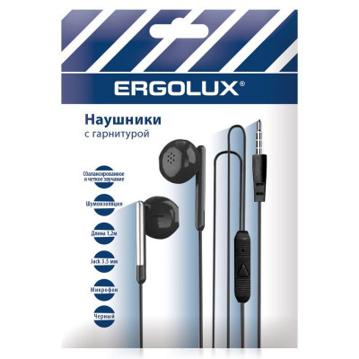 Наушники вакумные с микрофоном проводные ELX-WHP01P-C02 ПРОМО 3.5мм 1.2м пакет черн. Ergolux 15278