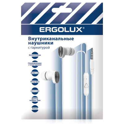 Наушники вакумные с микрофоном проводные ELX-WHP02P-C01 ПРОМО 3.5мм 1.2м пакет бел. Ergolux 15279