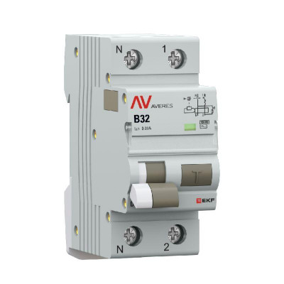 Выключатель автоматический дифференциального тока 2п (1P+N) B 32А 30мА тип AC 10кА DVA-10 AVERES EKF rcbo10-1pn-32B-30-ac-av