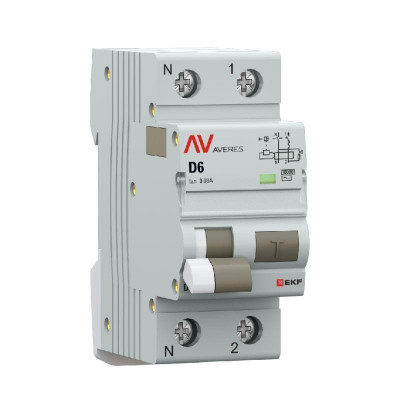 Выключатель автоматический дифференциального тока 2п (1P+N) D 6А 30мА тип AC 10кА DVA-10 AVERES EKF rcbo10-1pn-6D-30-ac-av