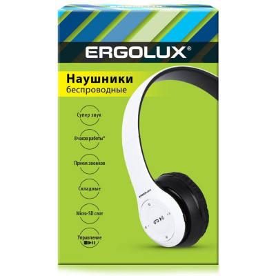 Наушники накладные с микрофоном беспроводные ELX-BTHP01-C01 FM MP3 коробка бел. ERGOLUX 15356