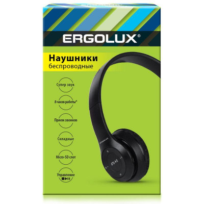 Наушники накладные с микрофоном беспроводные ELX-BTHP01-C02 FM MP3 коробка черн. ERGOLUX 15355