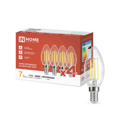 Лампа светодиодная филаментная LED-СВЕЧА-deco 4PACK 7Вт свеча прозрачная 3000К тепл. бел. E14 810лм 230В (уп.4шт) IN HOME 4690612053431