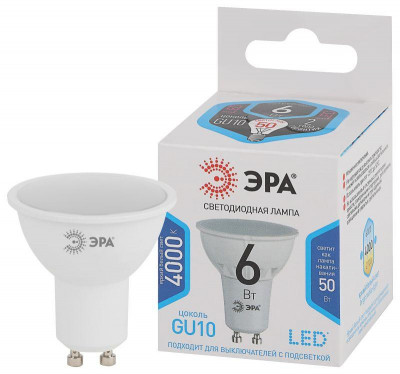 Лампа светодиодная STD LED MR16-6W-840-GU10 GU10 6Вт софит нейтр. бел. Эра Б0056118