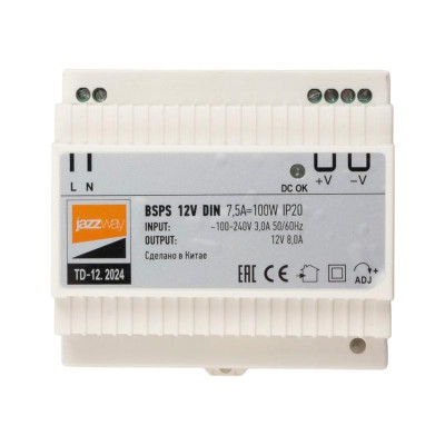 Блок питания для светодиод. ленты BSPS DIN 12В 7.5А 100Вт PL IP20 Pro+ JazzWay 5049987
