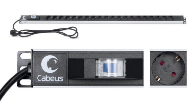 Блок розеток для 19дюйм шкафов PDU-16-20S-B вертик. 20 розеток Schuko 16А автомат защиты алюм. корпус шнур с вилкой Schuko 2м Cabeus 9551c