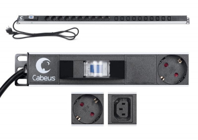 Блок розеток для 19дюйм шкафов PDU-16-10S-10C13-B вертик. 10 розеток Schuko 10 розеток IEC 320 C13 16А автомат защиты алюм. корпус шнур с вилкой Schuko 2м Cabeus 9552c