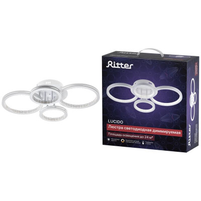 Люстра потолочная светодиодная диммируемая LUCIDO с ДУ 3 режима 565х385х130мм 72Вт 2700К/4200К/6400К 24кв.м бел./серебряный Ritter 51647 1