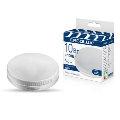 Лампа светодиодная LED-GX53-10W-GX53-6K 10Вт GX53 6500К 180-240В ПРОМО Ergolux 15561